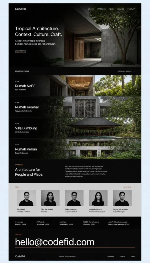 contoh website perusahaan arsitek full page dengan portofolio proyek full-bleed hitam putih