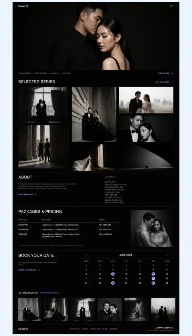 contoh website perusahaan fotografer full page dengan galeri mosaic dan paket harga