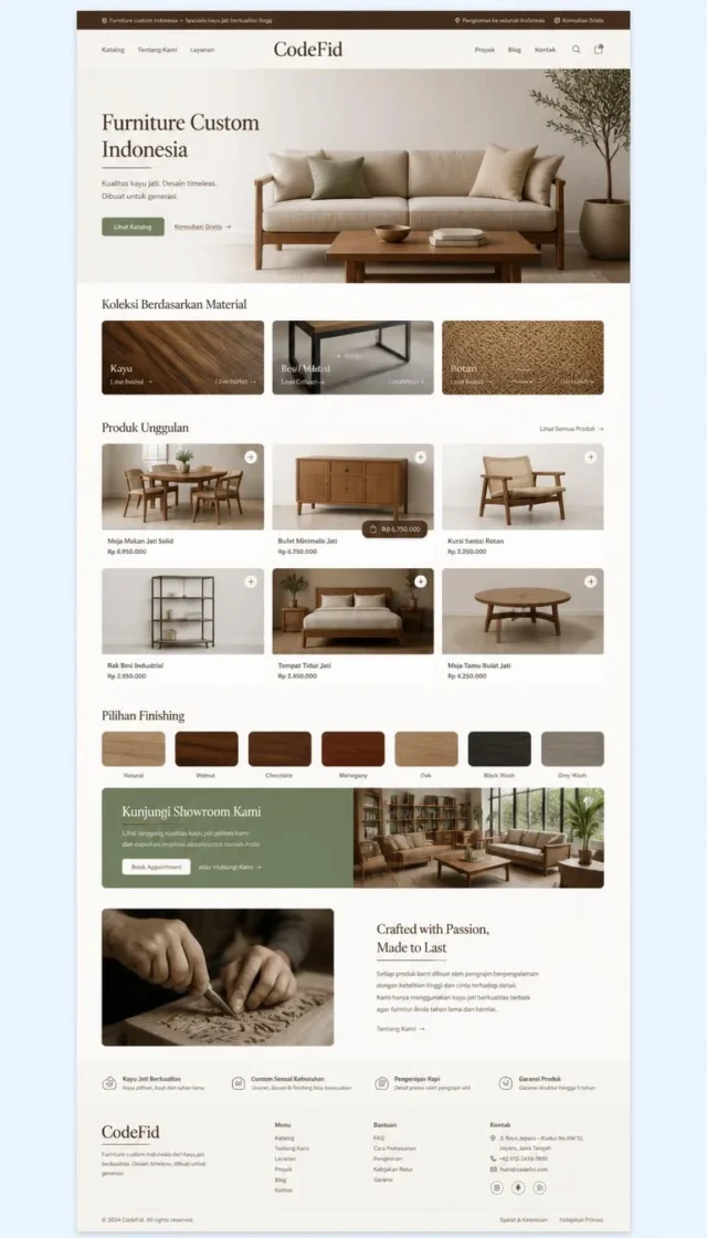contoh website perusahaan furniture full page dengan katalog produk dan swatch material