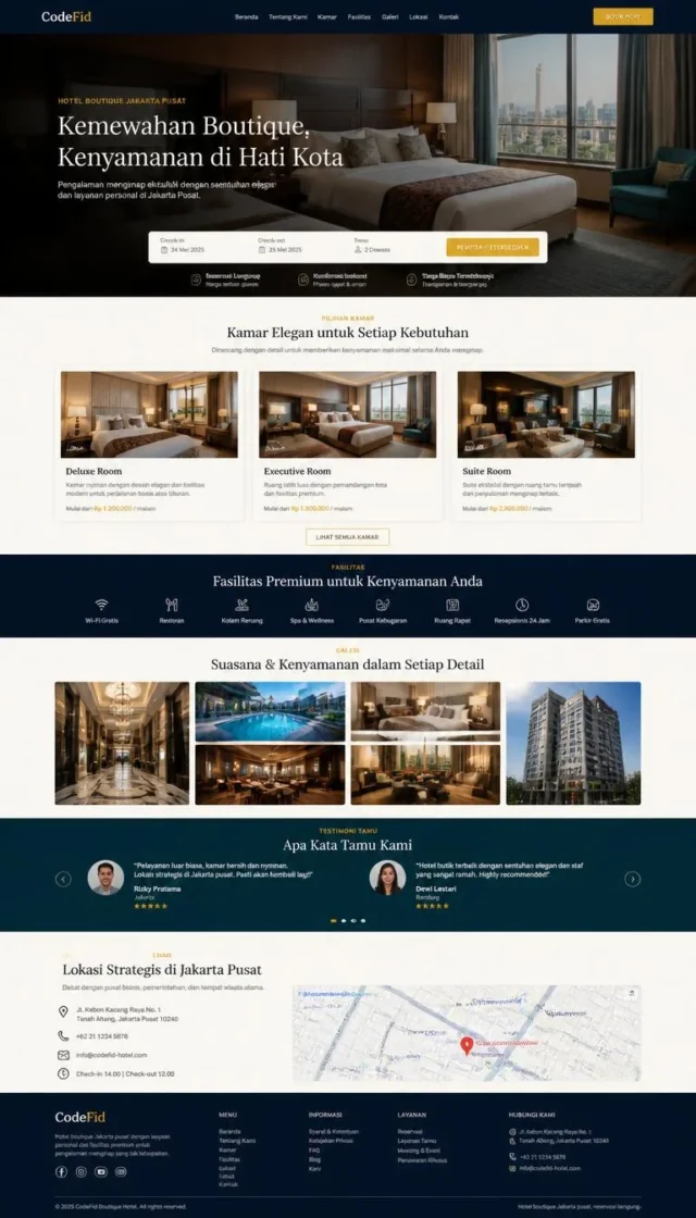 contoh desain web compro hotel boutique full page dengan booking bar dan galeri kamar