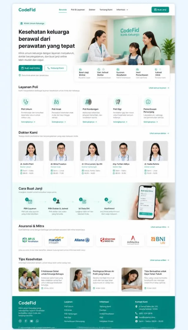 contoh website perusahaan klinik full page dengan daftar poli dan buat janji online