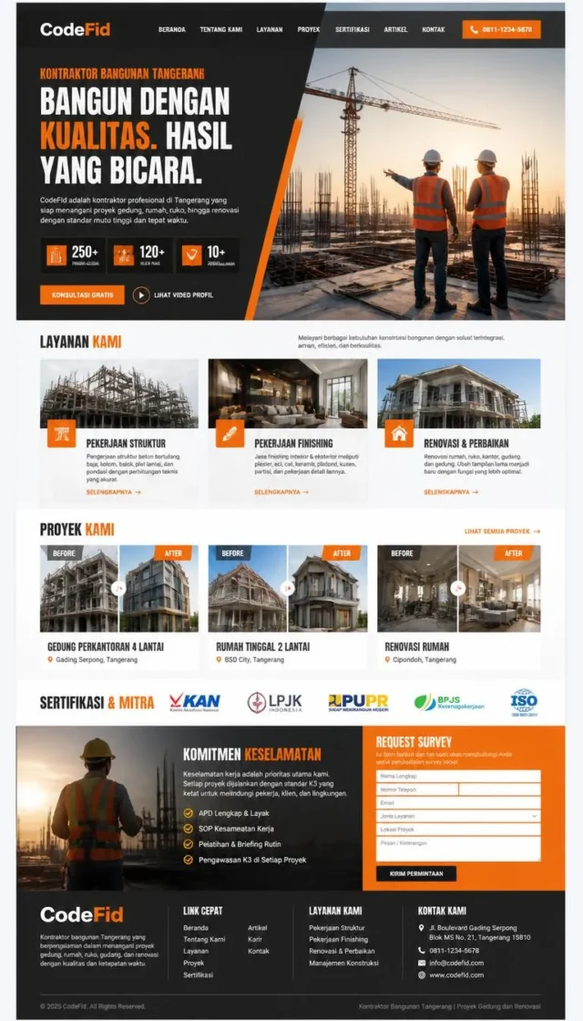 contoh desain web compro kontraktor full page dengan studi kasus proyek dan badge sertifikasi