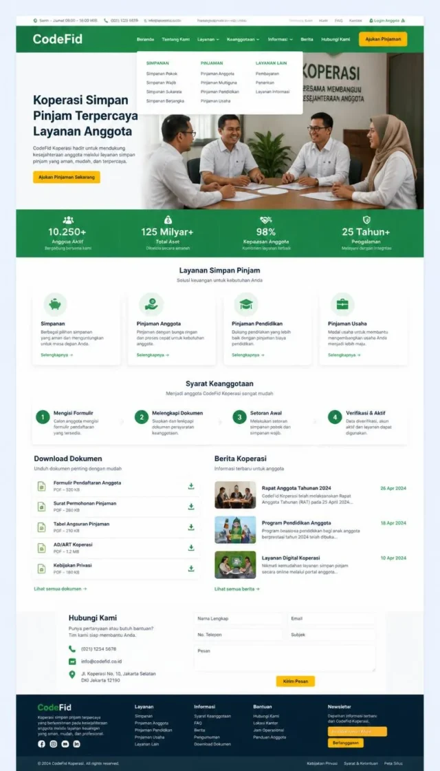 contoh desain web compro koperasi full page dengan layanan simpan pinjam dan syarat anggota