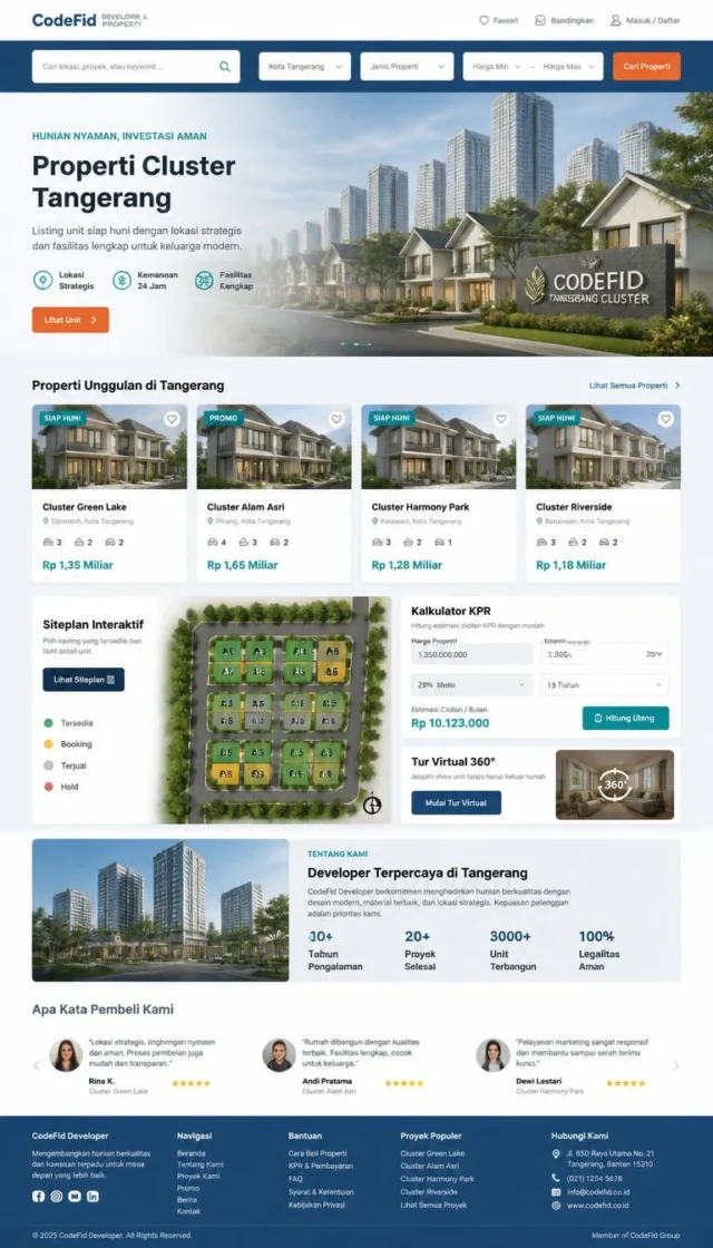 contoh website perusahaan properti full page dengan listing unit dan filter harga