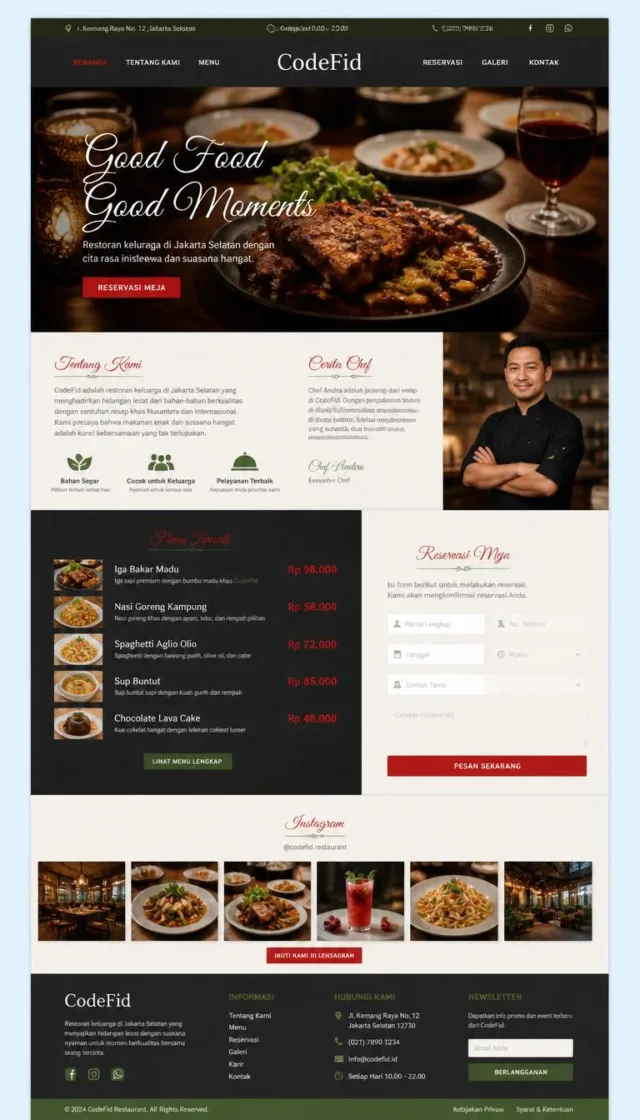 contoh desain web compro restoran full page dengan menu board dan form reservasi meja