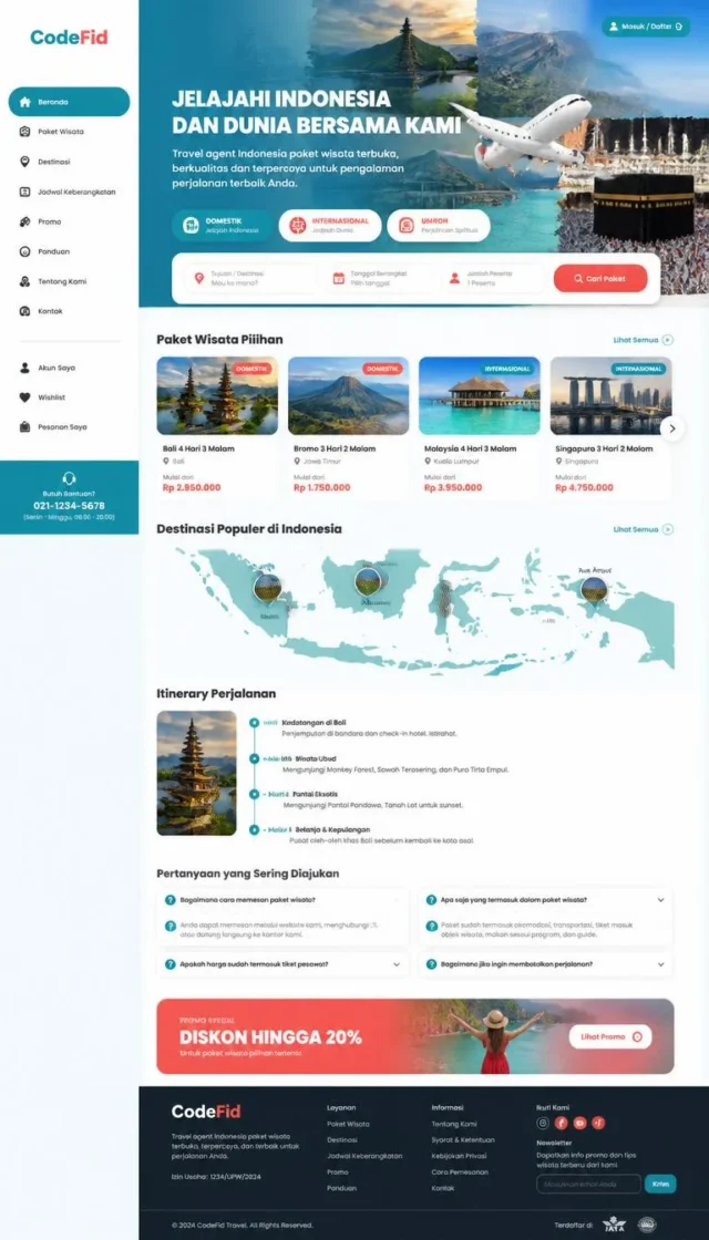 contoh desain web compro travel agent full page dengan paket wisata dan chip destinasi